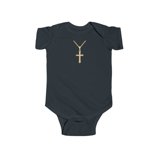 Baby gold cross necklace Infant Fine Jersey Bodysuit, funny baby outfit , great gift for baby shower or new born gifts