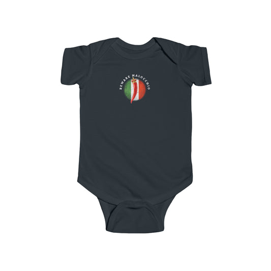 Beware of Malochhio red pepper Italian inspired Infant Fine Jersey Bodysuit, funny baby body suit, baby shower and newborn gifts,evil eye Italian baby gifts